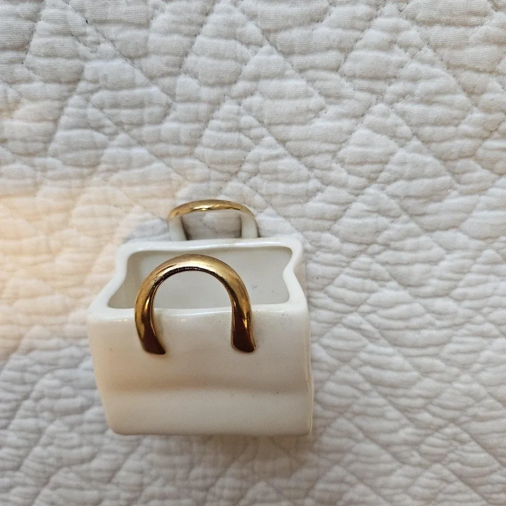 Miniature White Porcelain‎ Shopping Gift Bag Gold Gilded handle Decor bud vase